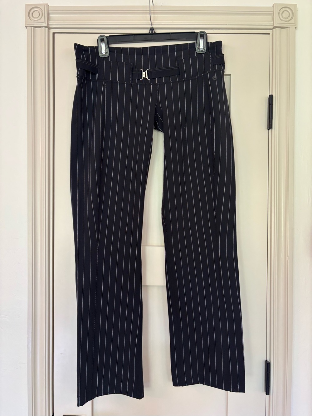 Vintage Lululemon Y2K Pinstripe Low Rise Flare Pants Hook Belt Black Size 10